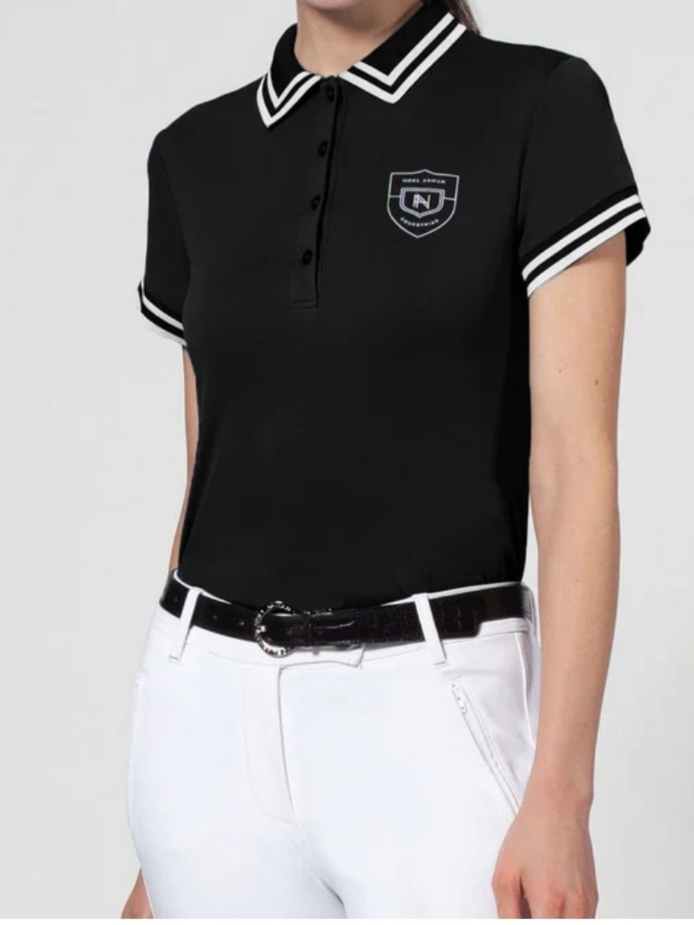 NOEL ASMAR Equestrian Sport Lux Polo Shirt Black White Trim UPF 50 Medium